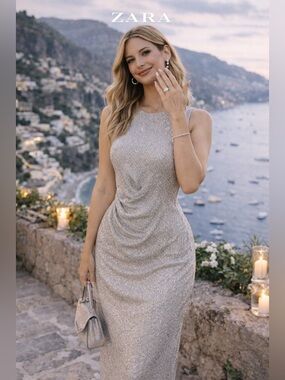 NWT ZARA Silver Ruched Midi Dress ✨| Engagement Party / Wedding Guest Glam